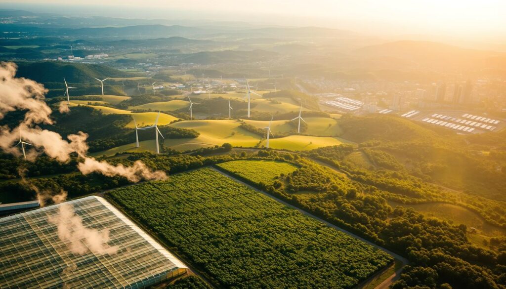 A breathtaking aerial view of a lush, verdant landscape. In the foreground, a sprawling greenhouse complex, its glass panels reflecting the warm glow of the sun. Wisps of white smoke float gently upward, symbolizing the reduction of greenhouse gas emissions. The middle ground depicts rolling hills dotted with wind turbines, their blades spinning gracefully, harnessing the power of renewable energy. In the distance, a shimmering cityscape emerges, its towering skyscrapers adorned with solar panels, showcasing the integration of green technology into urban environments. The scene is bathed in a soft, golden light, conveying a sense of hope and progress in the face of environmental challenges.