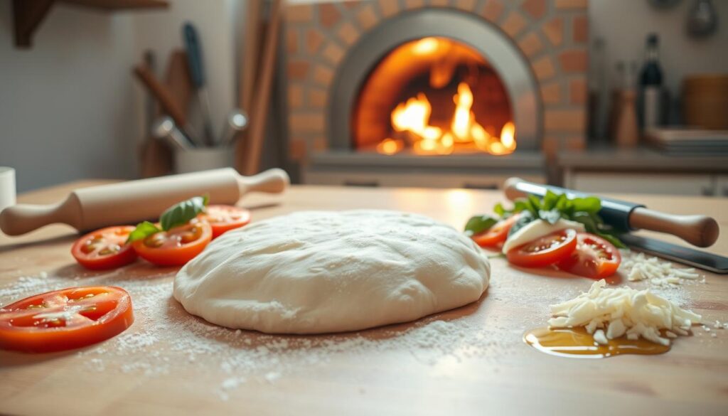 A bright, sun-lit kitchen counter with a wooden surface. In the foreground, a homemade pizza dough being kneaded and stretched by skilled hands. Sprinkled with flour, the dough takes shape, ready to be topped. Beside it, a collection of fresh, colorful ingredients - sliced tomatoes, fragrant basil leaves, shredded mozzarella, and a drizzle of olive oil. In the middle ground, a rolling pin and a pizza peel stand ready, while in the background, a blazing wood-fired oven waits to bake the perfect crust. The scene exudes a warm, rustic atmosphere, capturing the essence of mastering homemade pizza techniques.