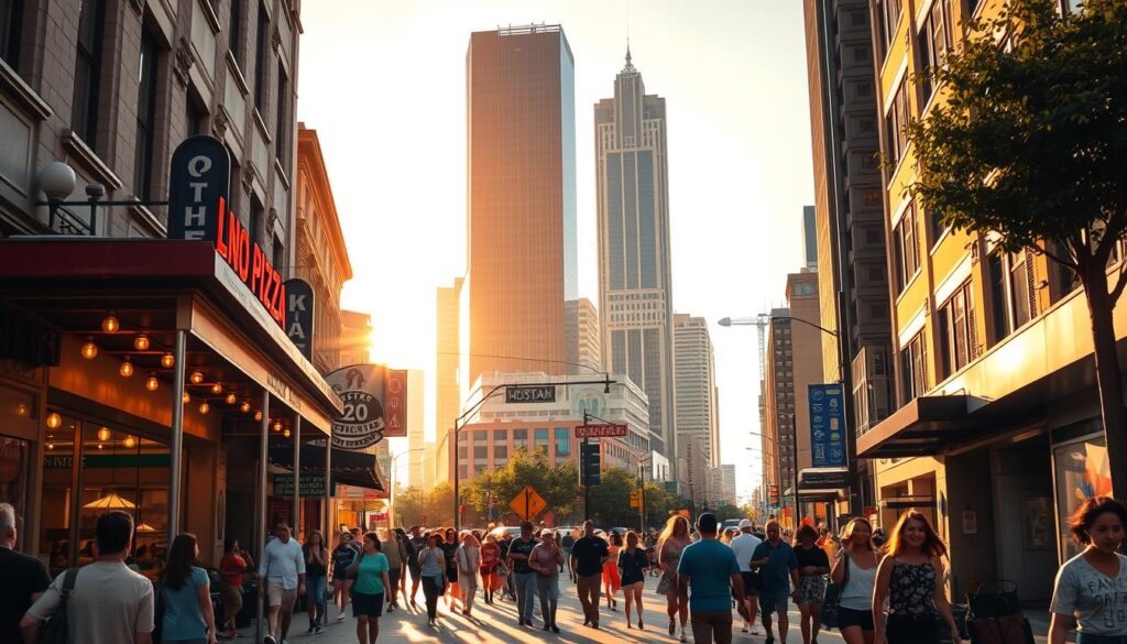 A bustling urban street in Houston, Texas, illuminated by warm, golden sunlight. In the foreground, a lively pizzeria stands out, its storefront adorned with vibrant signage and lively customers spilling out onto the sidewalk. The aroma of freshly baked pizza wafts through the air, enticing passersby. In the middle ground, a diverse crowd of locals and visitors stroll along the sidewalk, taking in the sights and flavors of this iconic pizza destination. In the background, the towering skyline of Houston's downtown district rises, creating a dynamic and energetic atmosphere. The scene conveys a sense of community, culinary passion, and the unique character of Houston's thriving pizza culture.