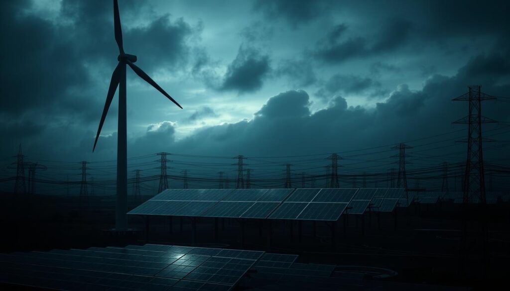 A dimly lit industrial landscape, the foreground dominated by a massive wind turbine casting long shadows. In the middle ground, solar panels glisten under a clouded sky, hinting at the challenges of renewable energy integration. The background features a tangled web of wires and pipes, symbolizing the complex infrastructure required for a green transition. The overall atmosphere is one of uncertainty and struggle, highlighting the ethical considerations and practical hurdles faced in the pursuit of a sustainable future.