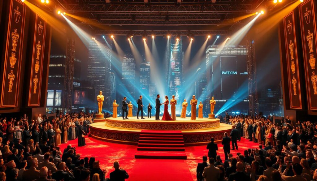 A lavish red carpet event unfolding in the heart of a glimmering city, bathed in the warm glow of spotlights. On stage, a majestic podium adorned with intricate patterns and the emblems of prestigious film awards: the iconic Oscar statuette, the regal Golden Globe, and other prestigious accolades. Celebrities in dazzling evening attire stride across the stage, accepting their coveted prizes amidst thunderous applause. The atmosphere is electric, brimming with a palpable sense of triumph and artistic excellence. Sweeping camera angles capture the grandeur of the occasion, from the towering skyscrapers in the background to the adoring crowds below. This is the Кинопремии 2025 года, a momentous celebration of the cinematic triumphs that have captivated audiences worldwide.