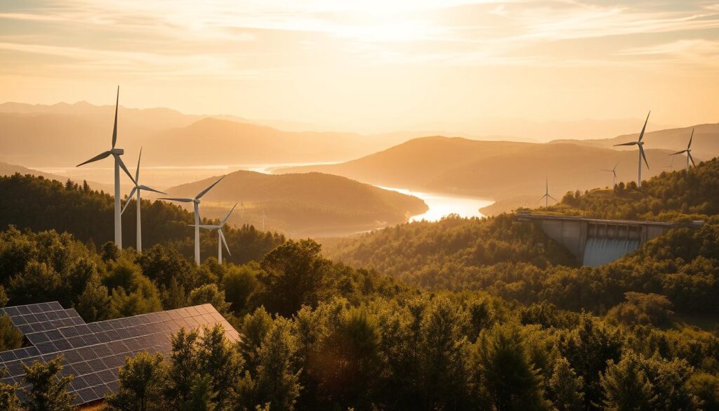 A serene landscape bathed in warm, golden sunlight. In the foreground, a diverse array of renewable energy sources stand tall - sleek solar panels, towering wind turbines, and glistening hydroelectric dams. The middle ground features lush, verdant forests, rolling hills, and sparkling bodies of water, symbolizing the harmonious integration of nature and clean energy. In the background, a hazy, atmospheric sky with wispy clouds, creating a sense of tranquility and environmental harmony. The overall composition conveys a vision of a sustainable, eco-friendly future powered by the abundant, renewable resources of our planet.