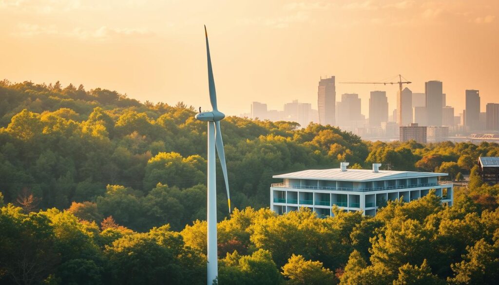 A serene, well-balanced landscape depicting the sustainable benefits of green technology. In the foreground, a clean, efficient wind turbine stands tall, its blades gently spinning in a soft breeze. Behind it, a lush forest with vibrant, healthy trees and flora represents the environmental benefits. In the middle ground, a modern, eco-friendly building with solar panels on the roof symbolizes economic sustainability. In the distance, a bustling city skyline illustrates how green innovations are shaping a more sustainable future. The scene is bathed in warm, golden sunlight, creating a tranquil, hopeful atmosphere.