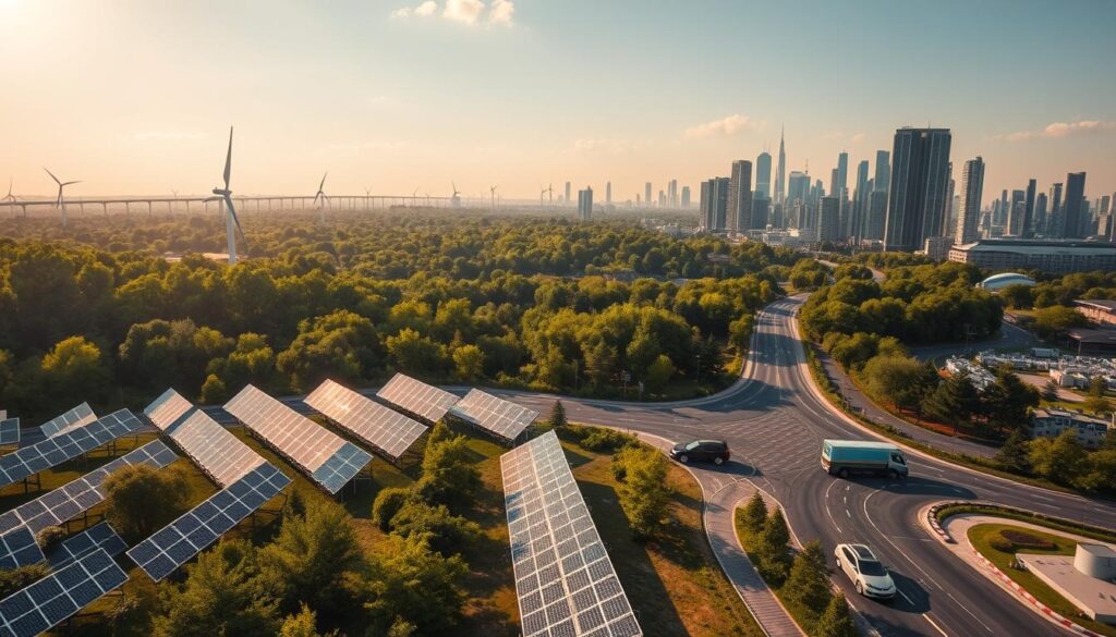 A sprawling landscape of renewable energy infrastructure, solar panels glimmering in the warm sunlight, wind turbines gracefully slicing through the air, and electric vehicles silently navigating the roads. In the background, a lush, verdant forest, a symbol of nature's resilience. In the foreground, a cityscape dotted with towering skyscrapers, their facades adorned with sustainable architectural elements. The scene conveys a harmonious balance between technological advancement and environmental preservation, showcasing the positive impact of green technologies on the world around us. A cinematic, wide-angle perspective captures the grand scale of this sustainable future, leaving a lasting impression of hope and progress.