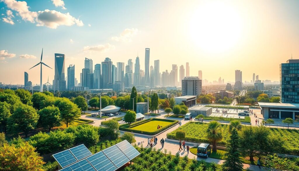 A sun-dappled cityscape with a futuristic skyline of gleaming skyscrapers and wind turbines. In the foreground, a lush garden oasis with rows of solar panels, electric vehicles, and people enjoying the green spaces. The middle ground features a bustling financial district, with modern office buildings and people hurrying to and fro. Vibrant colors, clean lines, and a sense of optimism and progress pervade the scene, conveying the idea of sustainable investments driving a green, technologically-advanced future.
