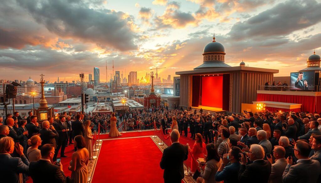 A sweeping panorama of the Russian film industry's future in 2025. In the foreground, a grand movie premiere with a red carpet and flashing paparazzi cameras. Elegant actors and directors pose for the eager crowds. The middle ground features a bustling film studio lot, with state-of-the-art sound stages and visual effects workshops. In the background, the glittering skyline of a modern Russian city, hinting at the scale and ambition of the country's cinematic vision. The scene is bathed in warm, golden lighting, conveying a sense of optimism and artistic flair. The overall atmosphere evokes a blend of old-world glamour and cutting-edge innovation, reflecting the dynamic and evolving nature of Russian cinema in the years to come.