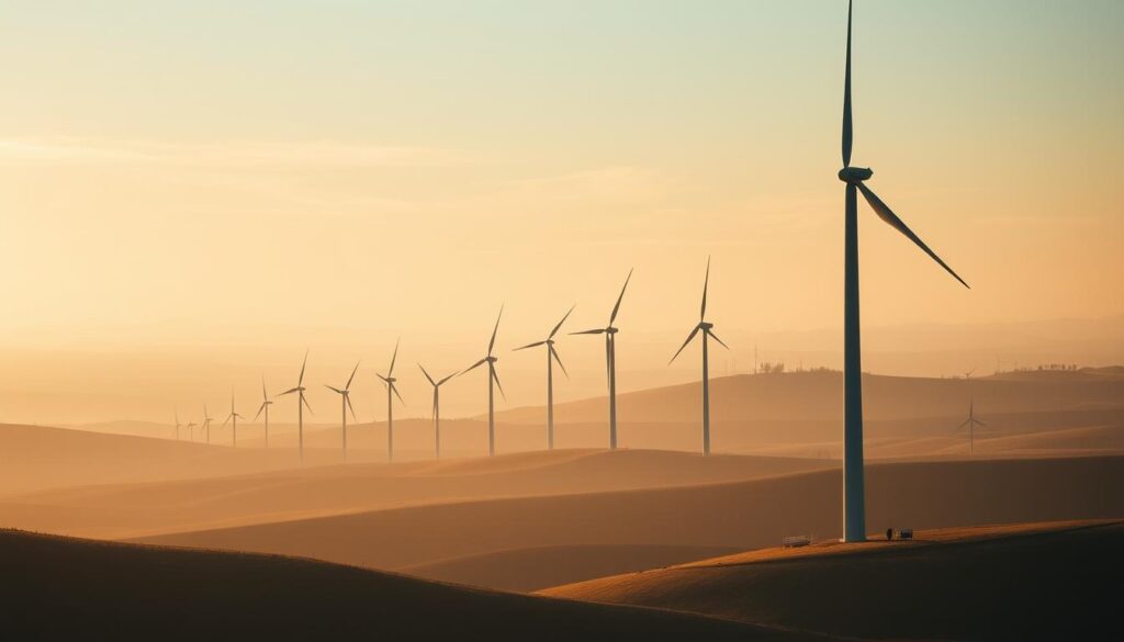 Ethereal landscape showcasing the evolution of wind power technology. In the foreground, a modern wind turbine stands tall, its sleek blades gracefully slicing through the air. In the middle ground, a progression of older turbine designs, from the iconic three-bladed giants to experimental vertical-axis models, dot the rolling hills. In the distant background, the silhouettes of early windmills and wind pumps hint at the humble beginnings of this renewable energy source. The scene is bathed in a warm, golden light, conveying a sense of progress and the unstoppable march towards a sustainable future. Cinematic wide-angle lens, dramatic lighting, and a dreamlike, impressionistic aesthetic.