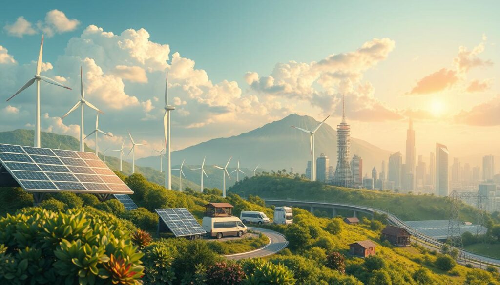 a detailed and dynamic illustration of the evolution of green technology, showcasing a progression from early renewable energy sources like solar panels and wind turbines in the foreground, to more advanced clean energy solutions like electric vehicles, smart grids, and sustainable architecture in the middle ground, all set against a backdrop of lush, verdant landscapes and futuristic cityscapes bathed in warm, golden lighting, capturing the transformative impact of eco-friendly innovations on shaping a sustainable future