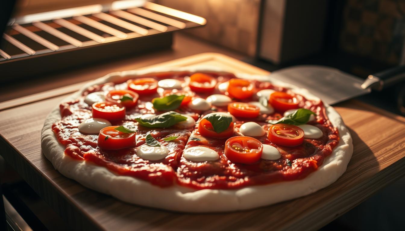 A close-up of a homemade pizza being prepared on a wooden cutting board. The dough is freshly kneaded and rolled out, topped with a vibrant array of fresh tomatoes, mozzarella cheese, and a sprinkle of aromatic basil leaves. The pizza is being slid into a preheated oven with a metal peel, casting a warm, golden glow. The scene is illuminated by soft, natural light filtering through a nearby window, creating a cozy, inviting atmosphere. The image conveys the satisfying process of crafting a delicious, homemade pizza from scratch.