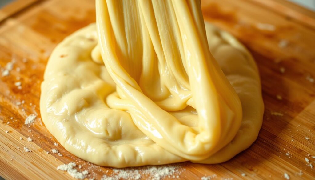 A close-up photograph of sticky, elastic pizza dough on a wooden cutting board. The dough has a glossy, moist texture and clings to the fingers, slowly stretching and reshaping as it's handled. The lighting is warm and diffused, with gentle shadows accentuating the dough's pliable, tacky surface. The background is slightly blurred, focusing the viewer's attention on the intricate details of the dough's structure and elasticity, conveying the challenges of working with this finicky ingredient when making homemade pizza.