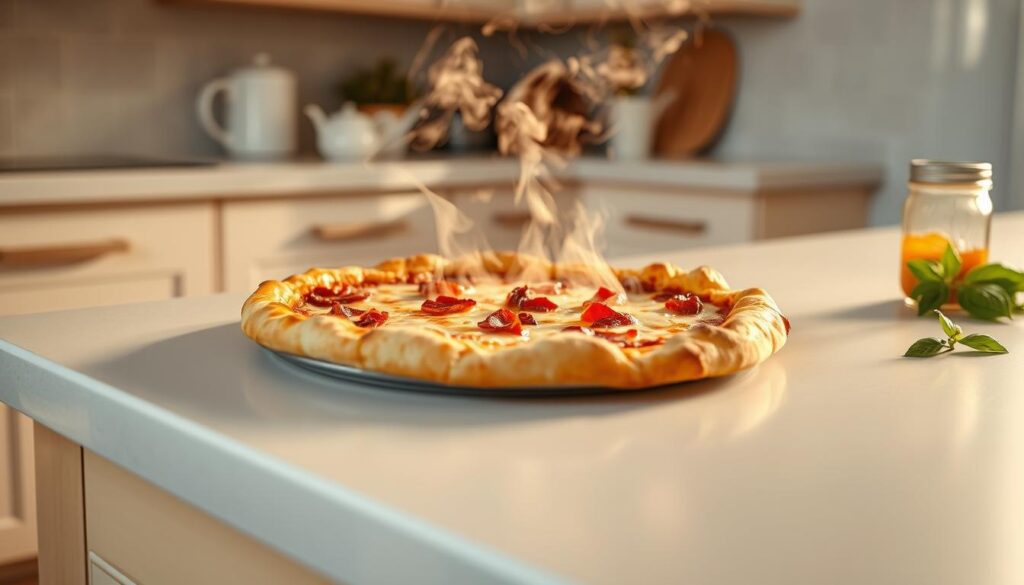 A warm, cozy kitchen with a crisp white countertop. On the counter, a steaming plate of leftover pizza, the crust gently reheating in a convection oven. Wisps of steam curl around the melted cheese and toppings, beckoning the viewer to take a bite. The kitchen is bathed in a soft, golden light, creating a comforting and inviting atmosphere. In the background, a few scattered ingredients - a jar of pizza sauce, a handful of fresh basil leaves - hint at the process of creating the perfect pizza. The image conveys the satisfying experience of reheating and enjoying a delicious slice of leftover pizza at home.