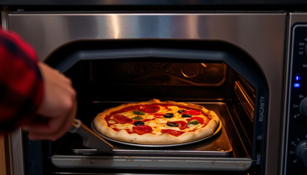 Image of a person cooking pizza in a home oven