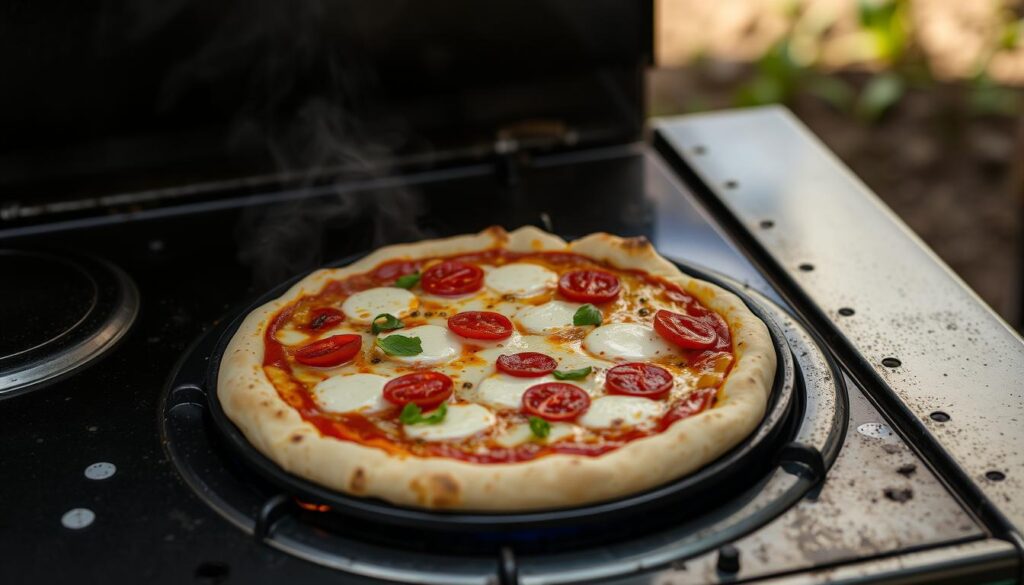 Image of a stovetop pizza being cooked