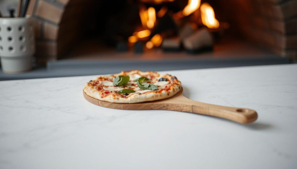 Image of a wooden pizza peel with a pizza on it