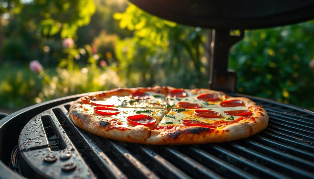 A backyard grill sizzling with a freshly baked pizza, the aroma of charred crust and melted cheese wafting through the air. Close-up, the pizza's surface glistens with olive oil, dotted with crisp pepperoni slices and fragrant herbs. In the middle ground, the grill's cast-iron grates bear the distinct markings of previous pies, a testament to its well-seasoned history. The background features a lush, verdant garden, the dappled sunlight filtering through the foliage and casting a warm, golden glow over the entire scene. The mood is one of rustic comfort and al fresco delight, inviting the viewer to imagine the satisfying crunch and tantalizing flavors of grilled pizza.
