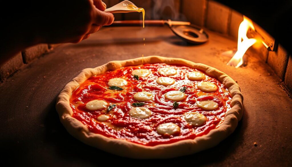 A carefully crafted pizza crust, rising to perfection under the warm glow of a wood-fired oven. Deft hands stretch and toss the dough, coaxing it into a thin, even circle. Droplets of olive oil sizzle as they hit the hot surface, creating a crisp, golden-brown base. Vibrant tomato sauce, fragrant with herbs, is ladled on with precision, followed by a blanket of melted, bubbling cheese. Glimpses of the oven's interior are visible through the open door, fire licking at the pizza's edges, imparting a smoky char. The scene exudes an air of artistry and mastery, capturing the essence of the perfect pizza-baking technique.