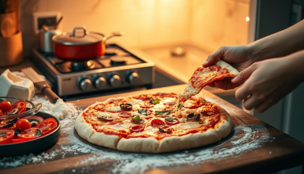 A cozy kitchen countertop with freshly kneaded dough, a sprinkle of flour, and an array of toppings - pepperoni, mushrooms, and freshly grated cheese. Vibrant tomato sauce simmers on the stove, its aroma filling the air. Soft, golden-crusted pizza slides into a well-heated oven, bathed in warm, ambient light. Hands deftly stretch and shape the dough, creating the perfect thin and crispy base. A timer ticks, and the pizza emerges, its bubbling cheese and caramelized edges glistening. A few final touches - a drizzle of olive oil, a sprinkle of fresh basil - before the steaming slice is ready to be enjoyed.