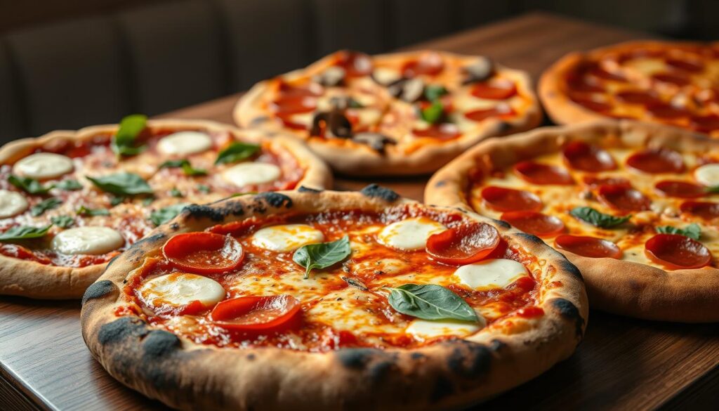 A diverse array of mouthwatering international pizza styles, each with its own unique crust, toppings, and flavor profile. In the foreground, a classic Neapolitan pizza with a charred, chewy crust and a simple yet delicious combination of tomato sauce, fresh mozzarella, and basil leaves. In the middle ground, a crispy, thin-crust New York-style pizza topped with pepperoni, mushrooms, and a sprinkle of oregano. In the background, a deep-dish Chicago-style pizza with a thick, buttery crust, chunky tomato sauce, and a generous layer of melted cheese. Soft, indirect lighting creates a warm, inviting atmosphere, showcasing the vibrant colors and textures of these creative pizza varieties.