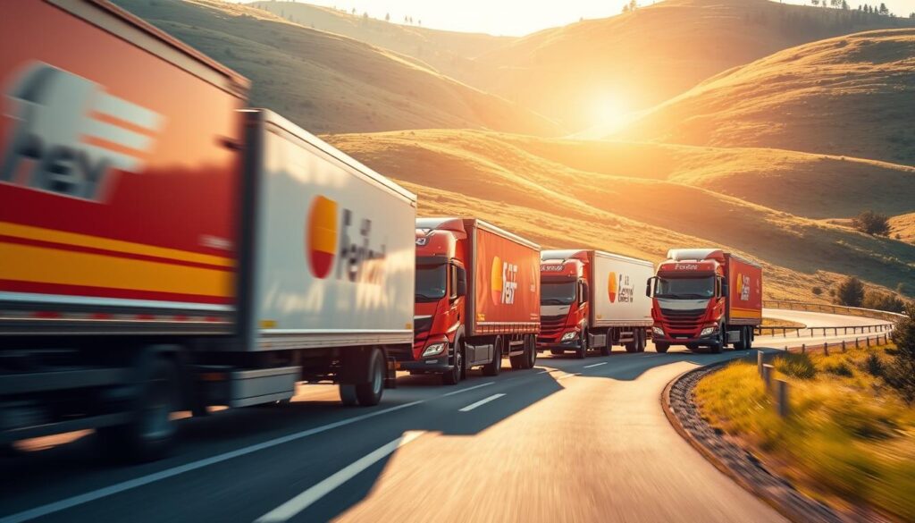 A fleet of sleek delivery trucks speeding down a winding country road, their vibrant colors and distinctive logos blurring against the lush, rolling hills in the background. The sun casts a warm, golden glow, illuminating the scene and creating long, dramatic shadows that accentuate the vehicles' dynamic motion. The trucks are captured from a low, dynamic angle, conveying a sense of urgency and efficiency. The overall composition suggests a seamless, reliable, and expeditious delivery service that effortlessly navigates the terrain to bring goods to their destinations.