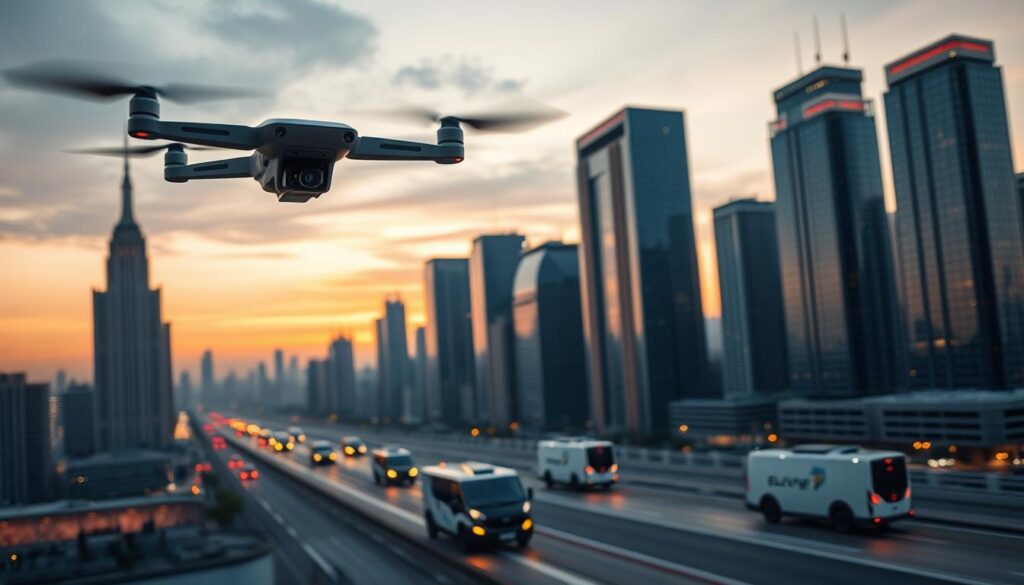 A futuristic city skyline at dusk, with a fleet of sleek, autonomous delivery drones and self-driving cargo vehicles gliding through the air and streets, their LED lights casting a warm, subdued glow. In the foreground, a lone delivery drone hovers gracefully, its camera-equipped module scanning the surroundings. In the middle ground, a convoy of self-driving vans and trucks navigates the urban landscape with precision, their sensors and cameras guiding them seamlessly through traffic. The background is a panoramic view of towering skyscrapers, their glass facades reflecting the orange-hued sunset. The scene conveys a sense of efficiency, innovation, and the seamless integration of technology into the future of delivery services.