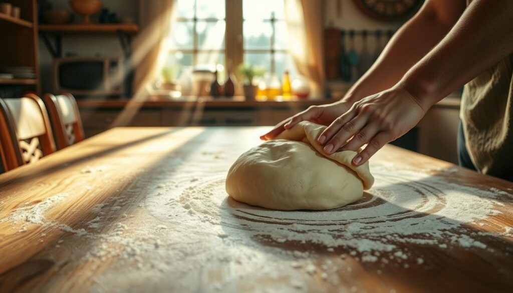 A large wooden table in a cozy kitchen, sprinkled with a light dusting of flour. In the foreground, skilled hands knead and stretch a supple mound of dough, its texture subtly changing with each press and fold. Beams of warm, golden light filter through a nearby window, casting a soft glow on the unfolding process. The air is filled with the comforting aroma of yeast, hinting at the delicious possibilities to come. In the background, a tempting array of pizza-making tools and ingredients stand ready, awaiting their turn to contribute to the creation of a homemade masterpiece. This scene captures the artistry and satisfaction of crafting pizza dough from scratch, a testament to the art of homemade cuisine.