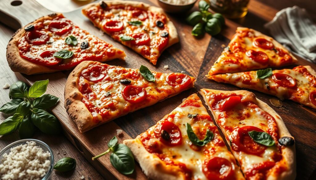 A mouth-watering array of freshly baked pizza slices arranged on a rustic wooden board, surrounded by complementary ingredients like fresh basil, grated parmesan, and a drizzle of olive oil. The scene is bathed in warm, soft lighting, creating a cozy, inviting atmosphere. The camera angle is slightly elevated, allowing the viewer to see the details of the pizza's toppings and the textural contrast between the crisp crust and the gooey cheese. The overall composition is balanced and visually appealing, showcasing the perfect way to present and serve a delicious homemade pizza.