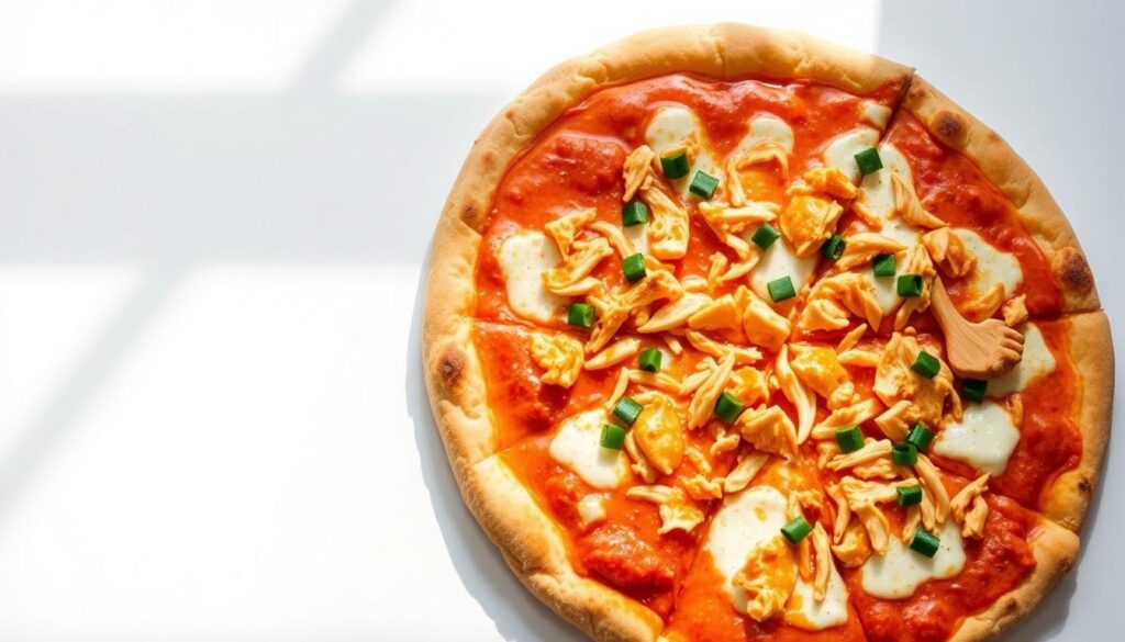 A mouth-watering buffalo chicken pizza with a crisp golden crust, melted mozzarella, and shredded chicken in a vibrant orange-red buffalo sauce. The pizza is shot from an overhead angle, showcasing the delicious toppings against a clean, minimalist background. Bright natural lighting illuminates the scene, creating a warm, inviting atmosphere. The pizza is presented in a way that entices the viewer to try this innovative and flavorful dish at home.