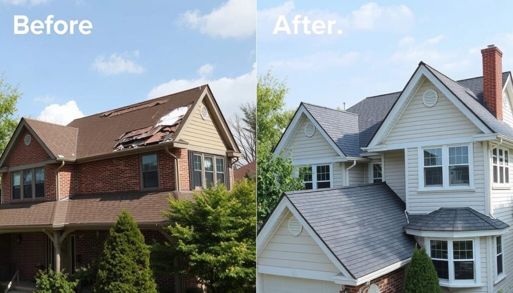 Before and after comparison of a roofing in Chicago project showing dramatic improvement Before and after comparison of a roofing in Chicago project showing dramatic improvement