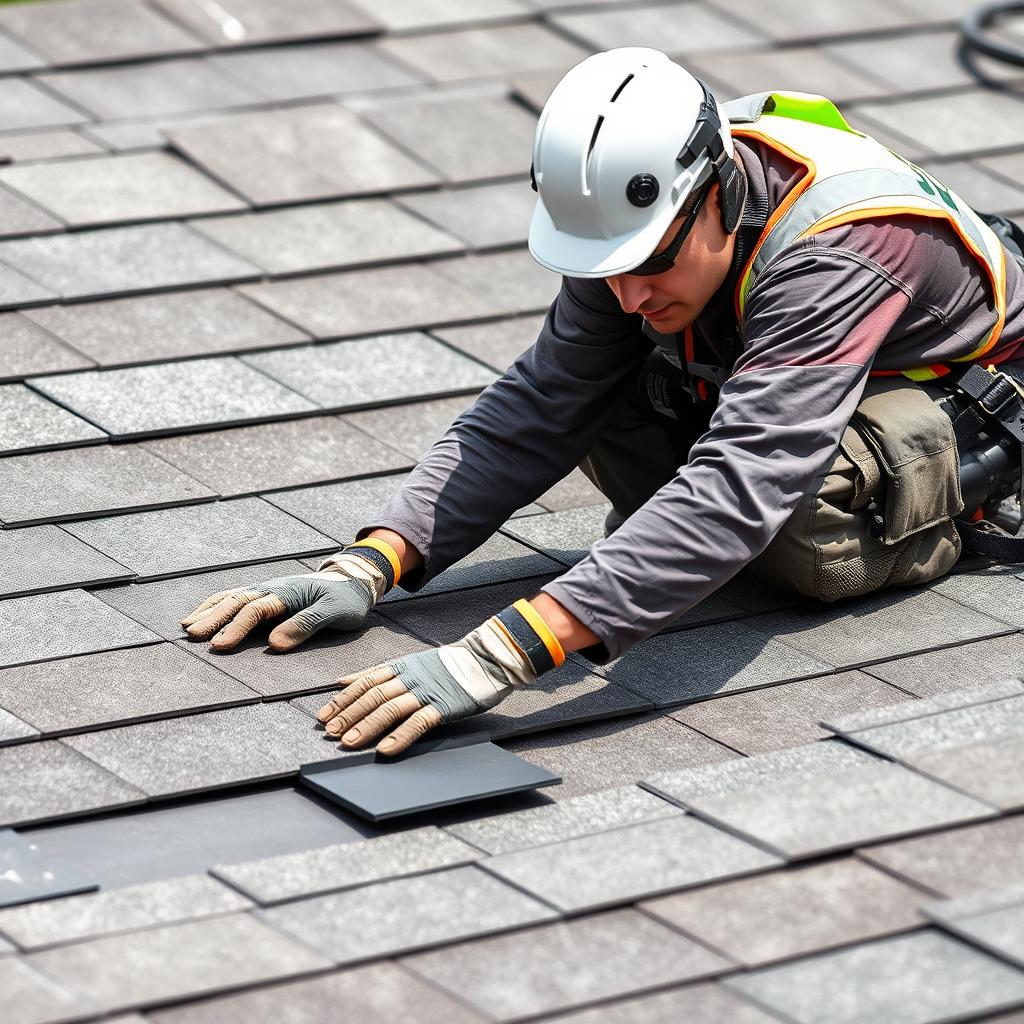 Certified Chicago roofing technician installing shingles Certified Chicago roofing technician installing shingles