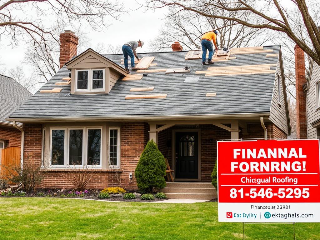 Chicago home receiving new roof installation with financing information displayed