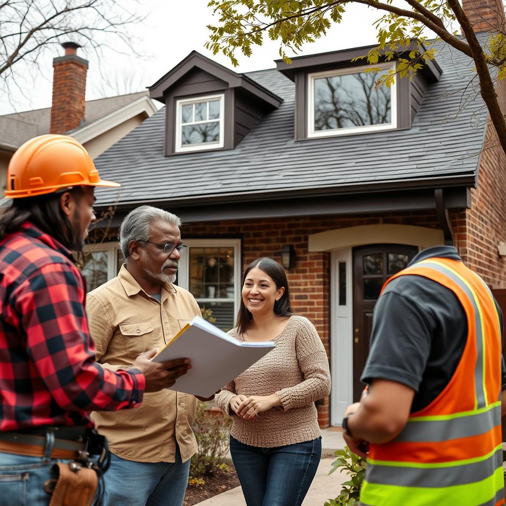 Chicago homeowner reviewing roof installation with contractor Chicago homeowner reviewing roof installation with contractor