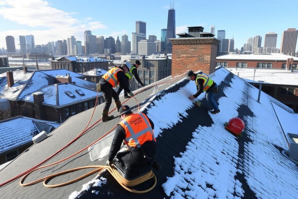 Chicago roofing crew working during winter conditions with city skyline