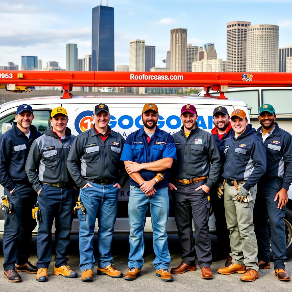 Chicago roofing professionals with company truck and equipment Chicago roofing professionals with company truck and equipment