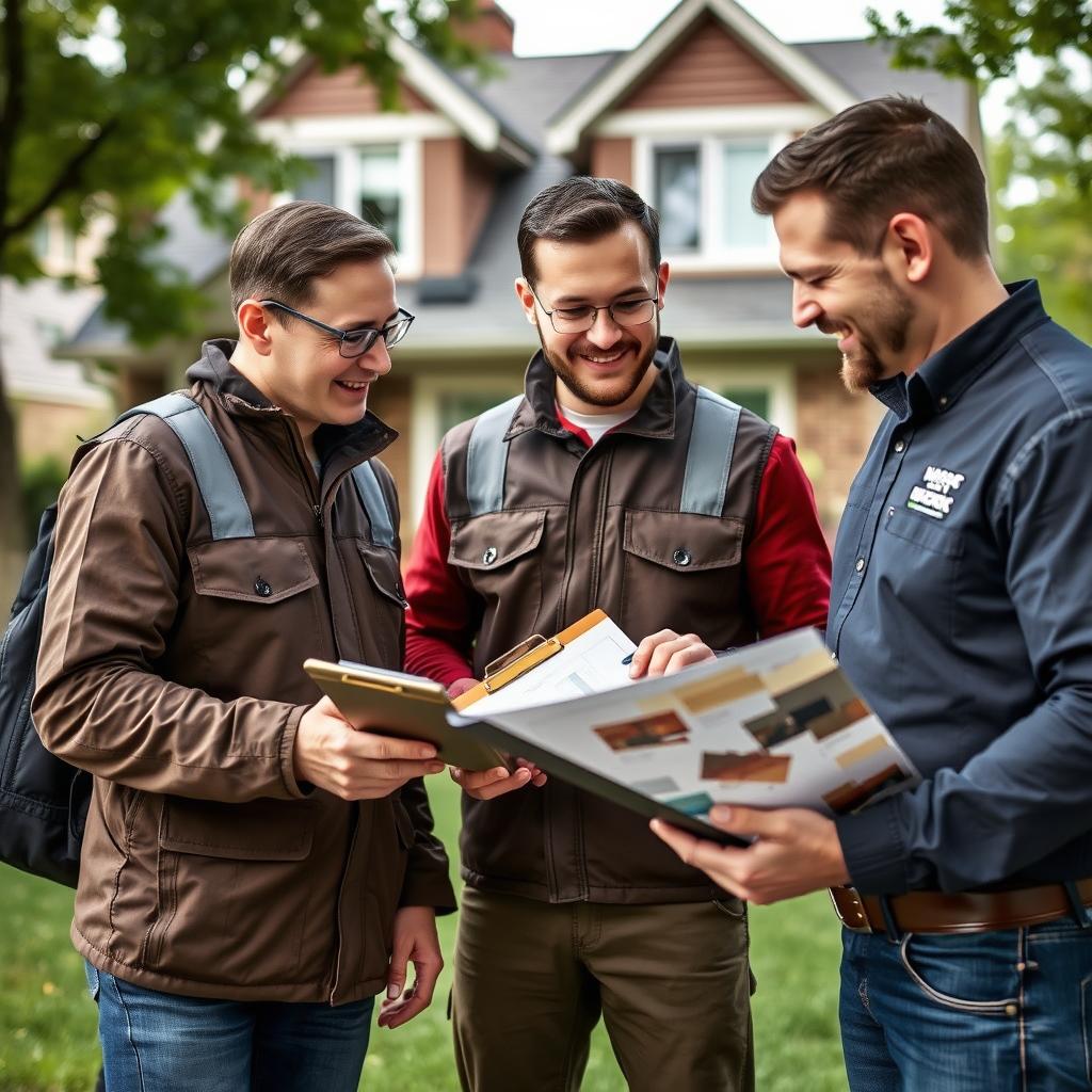 Chicago roofing team with homeowner reviewing roofing plans Chicago roofing team with homeowner reviewing roofing plans
