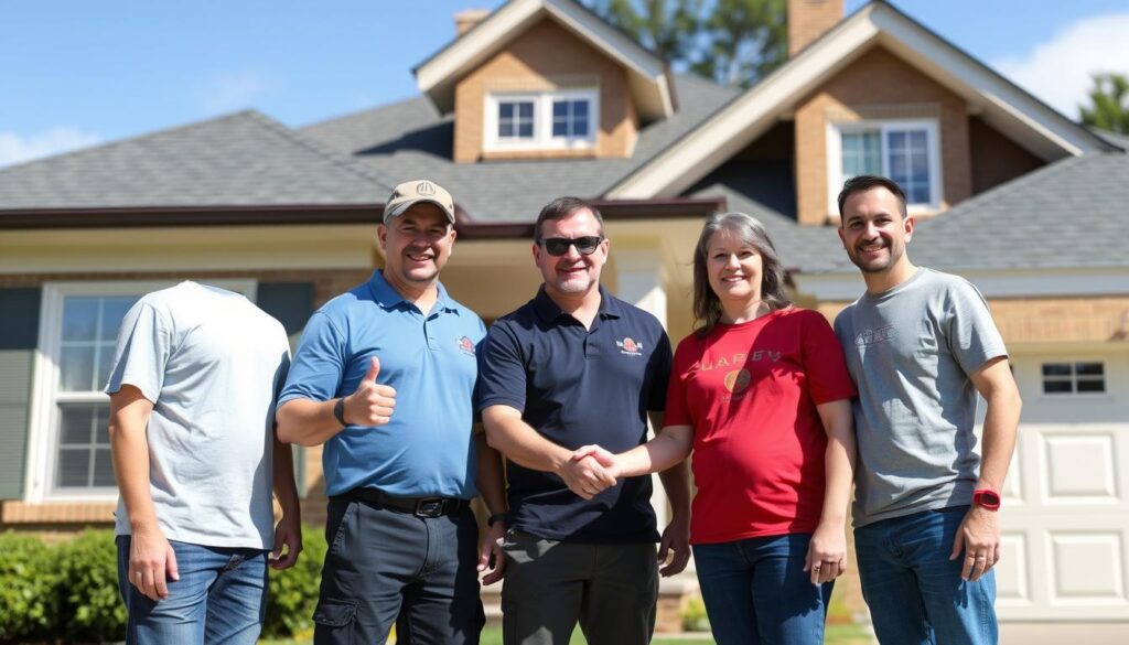 Chicago roofing team with satisfied customer after completed project