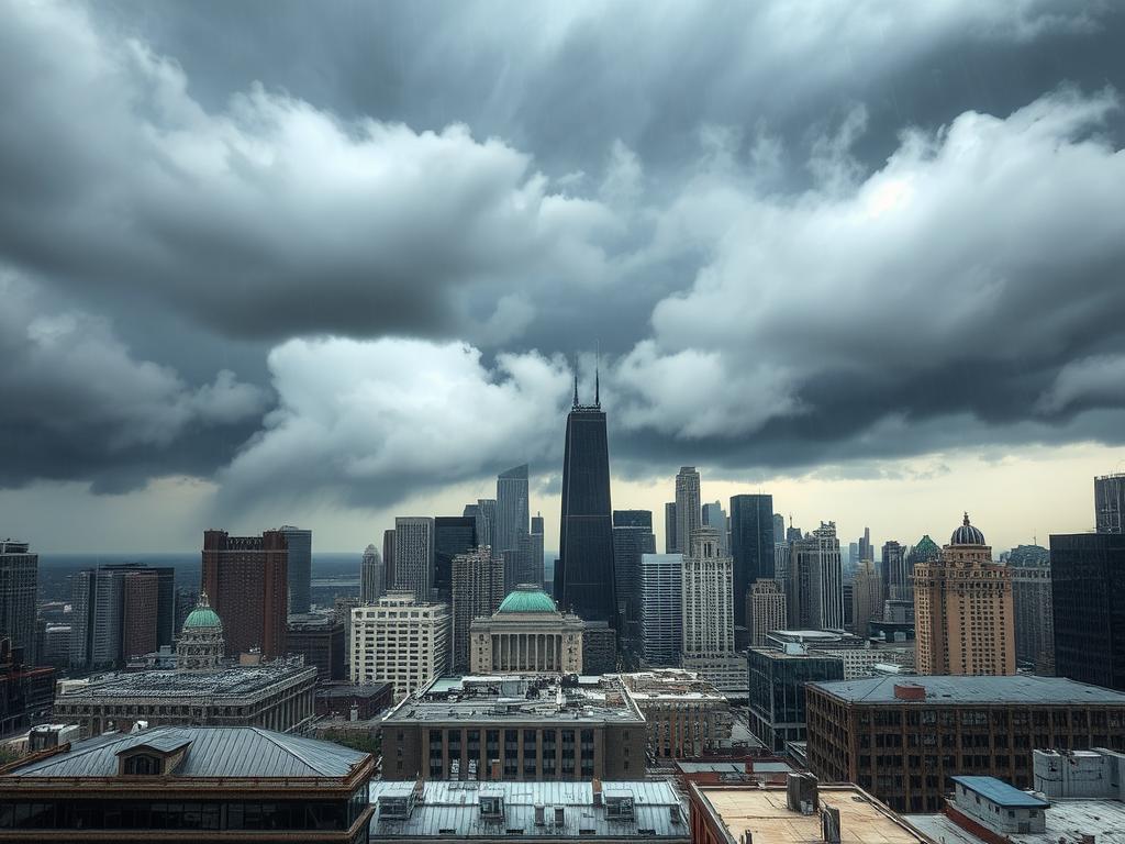 Chicago skyline during extreme weather conditions affecting roofing Chicago skyline during extreme weather conditions affecting roofing