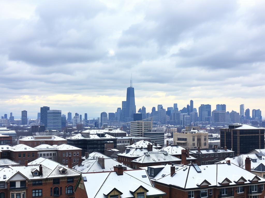 Chicago skyline during winter showing snow-covered roofs Chicago skyline during winter showing snow-covered roofs