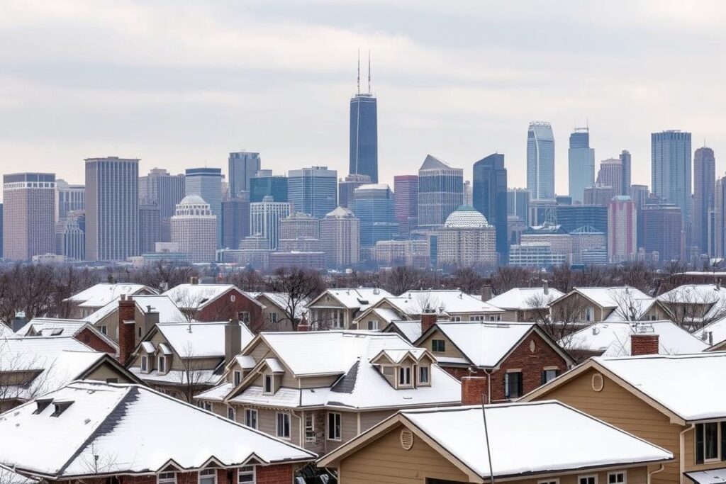 Chicago skyline during winter with snow-covered roofs Chicago skyline during winter with snow-covered roofs
