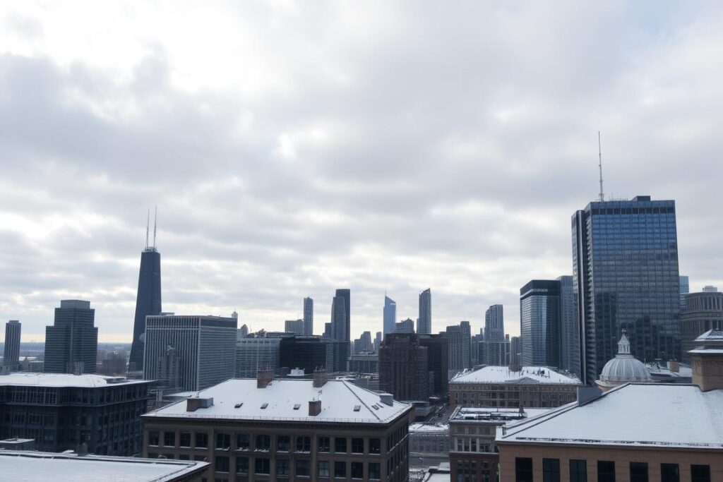 Chicago skyline during winter with snow-covered roofs demonstrating weather challenges for roofing in Chicago Chicago skyline during winter with snow-covered roofs demonstrating weather challenges for roofing in Chicago
