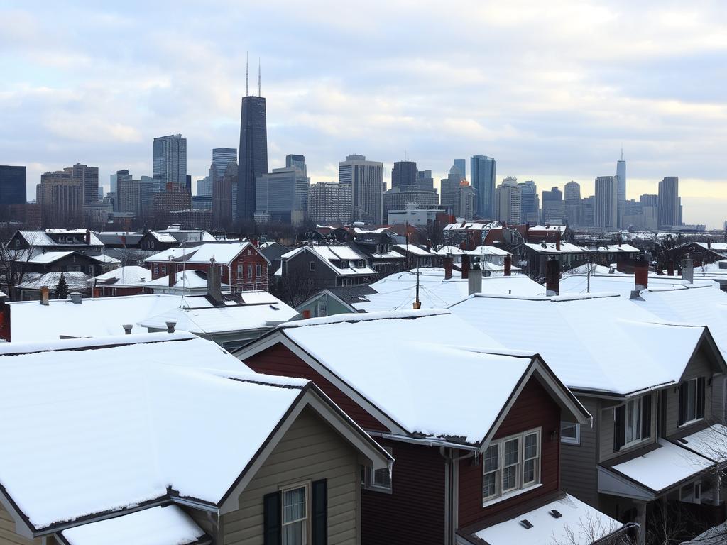 Chicago skyline during winter with snow-covered roofs Chicago skyline during winter with snow-covered roofs
