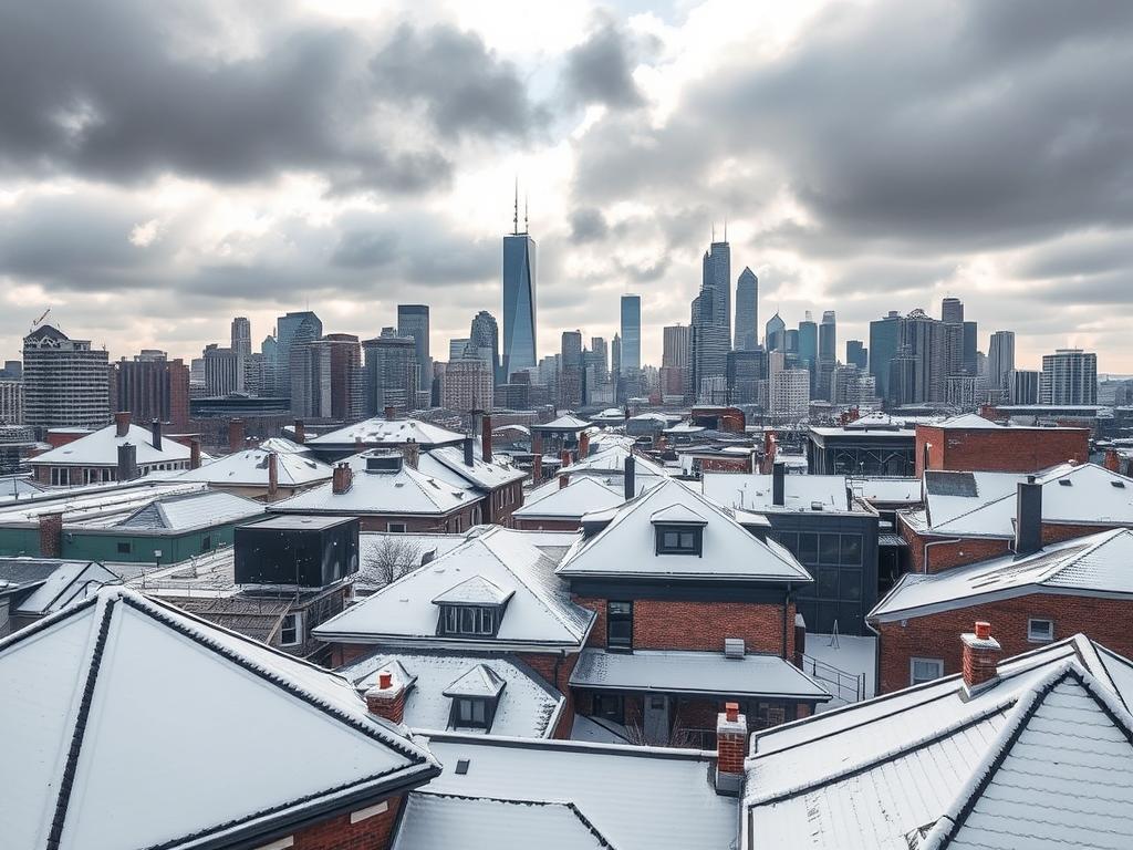 Chicago skyline showing extreme weather conditions affecting roofing Chicago skyline showing extreme weather conditions affecting roofing