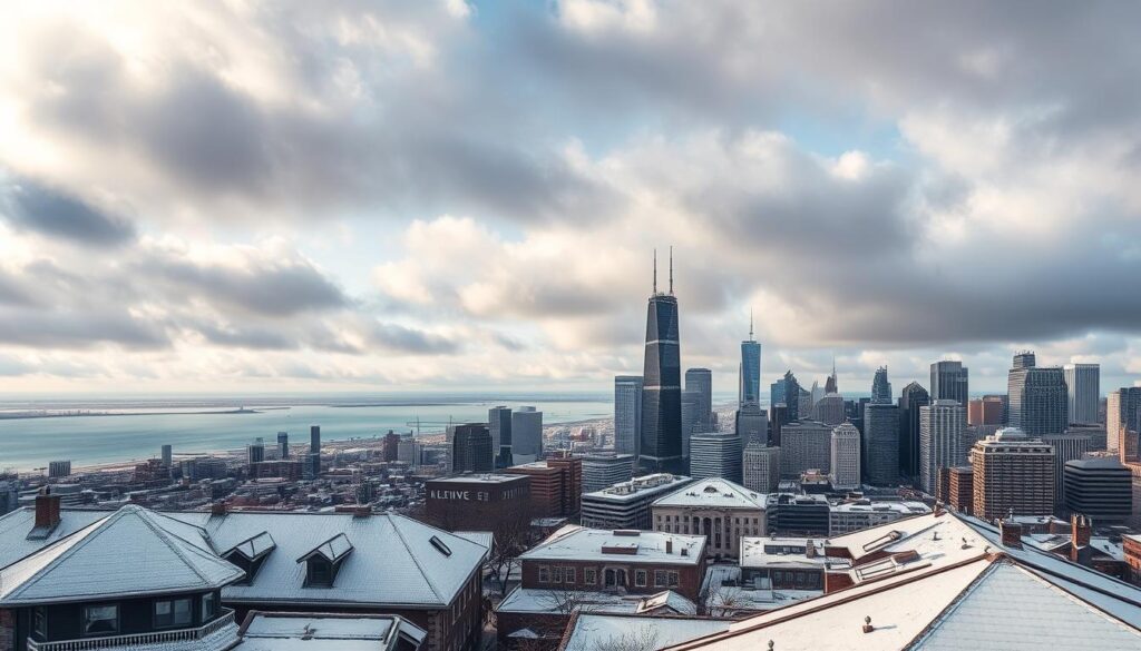 Chicago skyline showing extreme weather conditions that impact roofing in Chicago Chicago skyline showing extreme weather conditions that impact roofing in Chicago