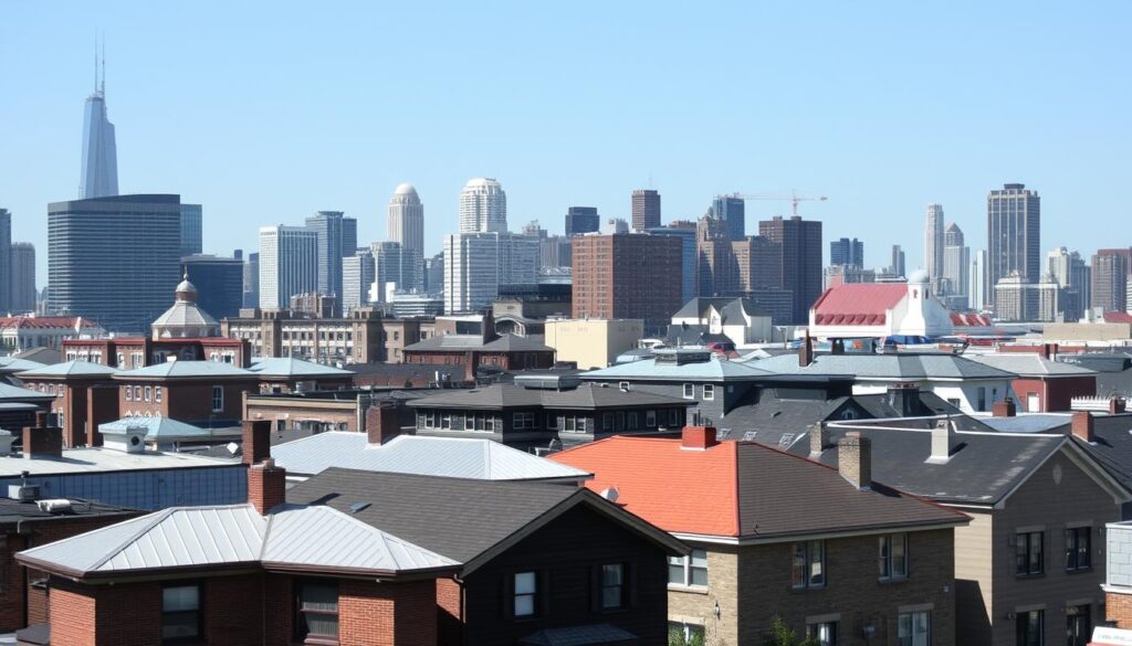 Chicago skyline showing various roofing styles across the city