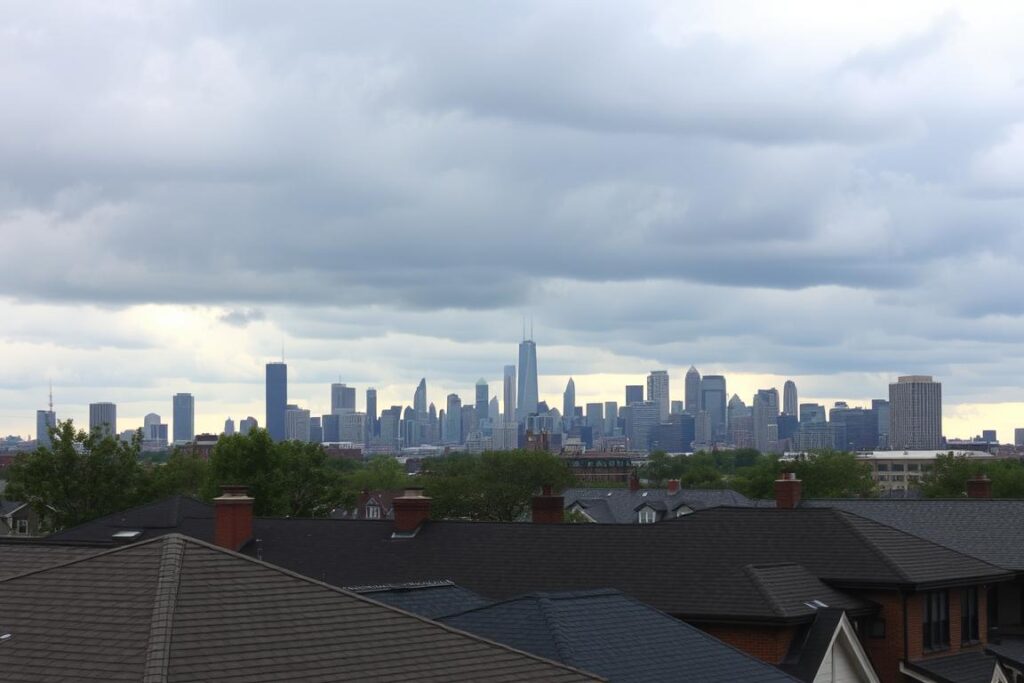 Chicago skyline with residential roofing in foreground showing weather challenges Chicago skyline with residential roofing in foreground showing weather challenges