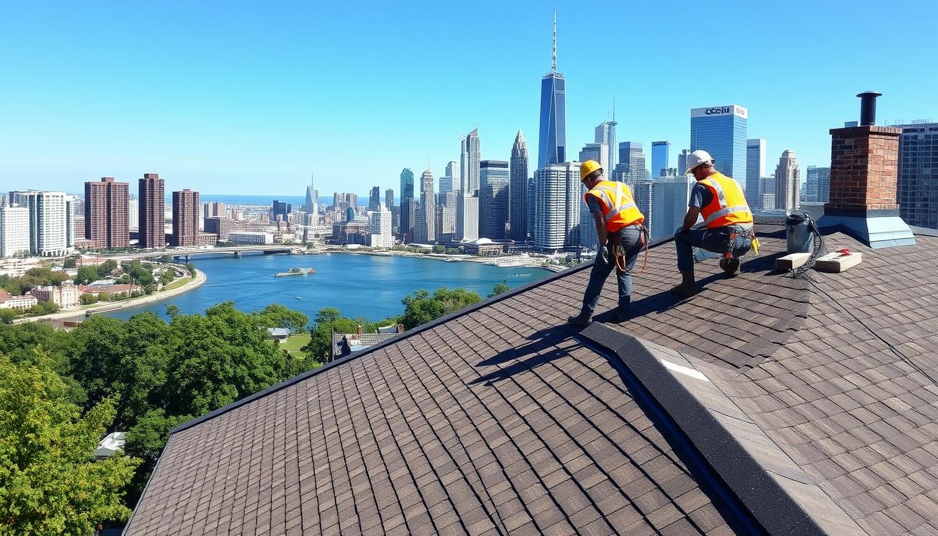 Chicago skyline with roofing crew installing shingles on residential home