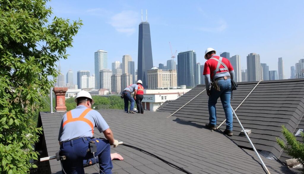 Chicago skyline with roofing crew working on residential property Chicago skyline with roofing crew working on residential property