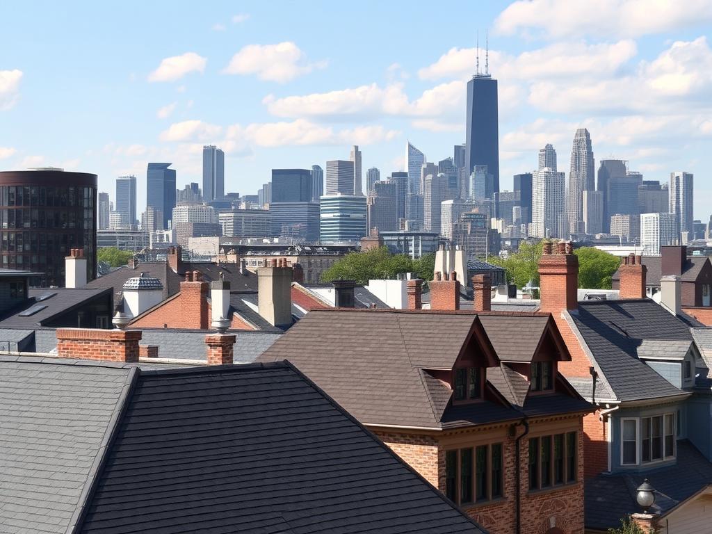 Chicago skyline with various residential roofing styles visible in the foreground Chicago skyline with various residential roofing styles visible in the foreground