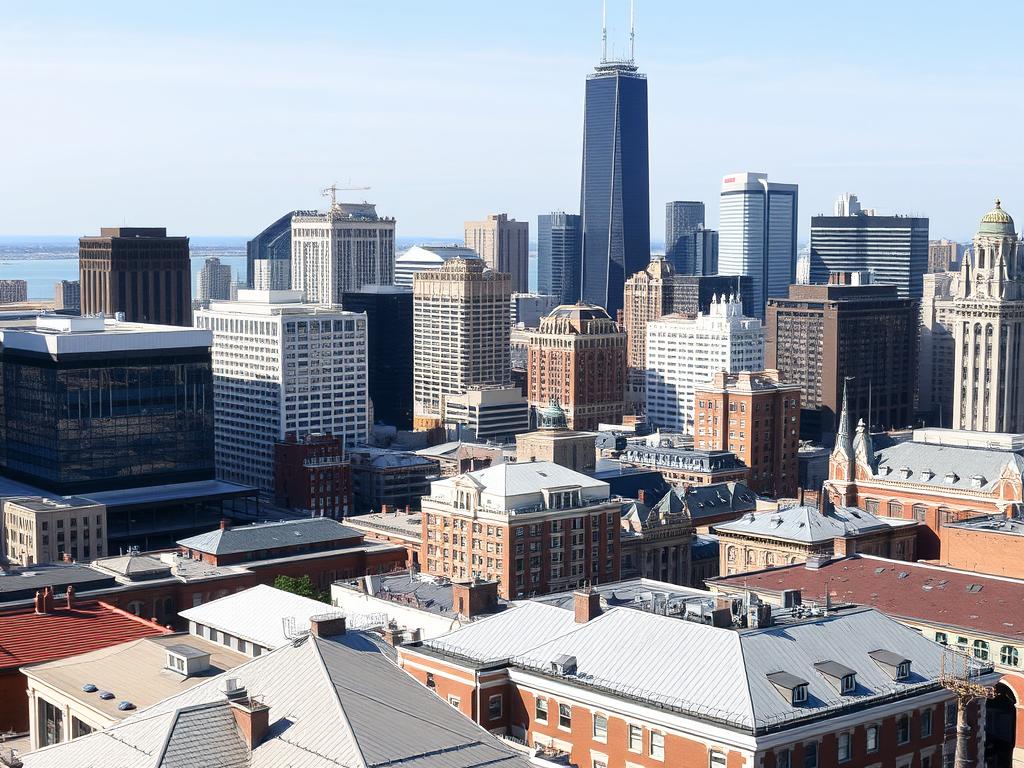 Chicago skyline with various roof types visible, demonstrating roofing in Chicago diversity Chicago skyline with various roof types visible, demonstrating roofing in Chicago diversity