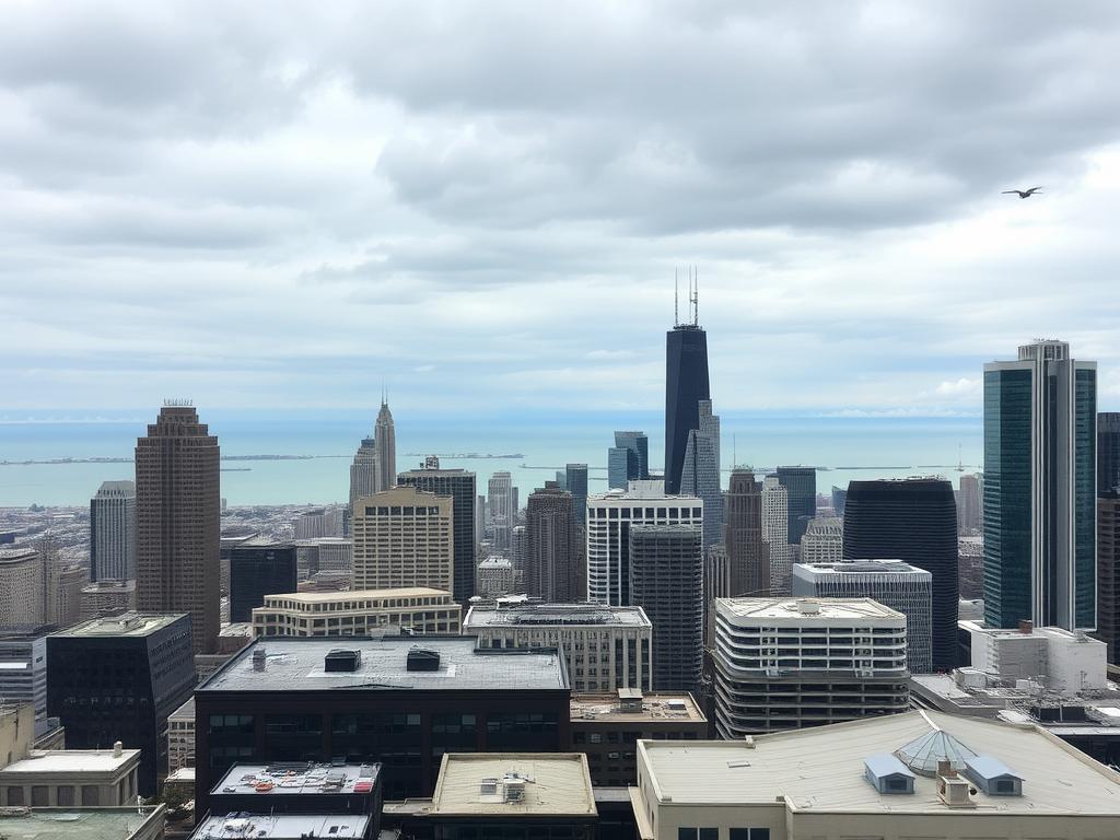 Chicago skyline with various roofing types visible