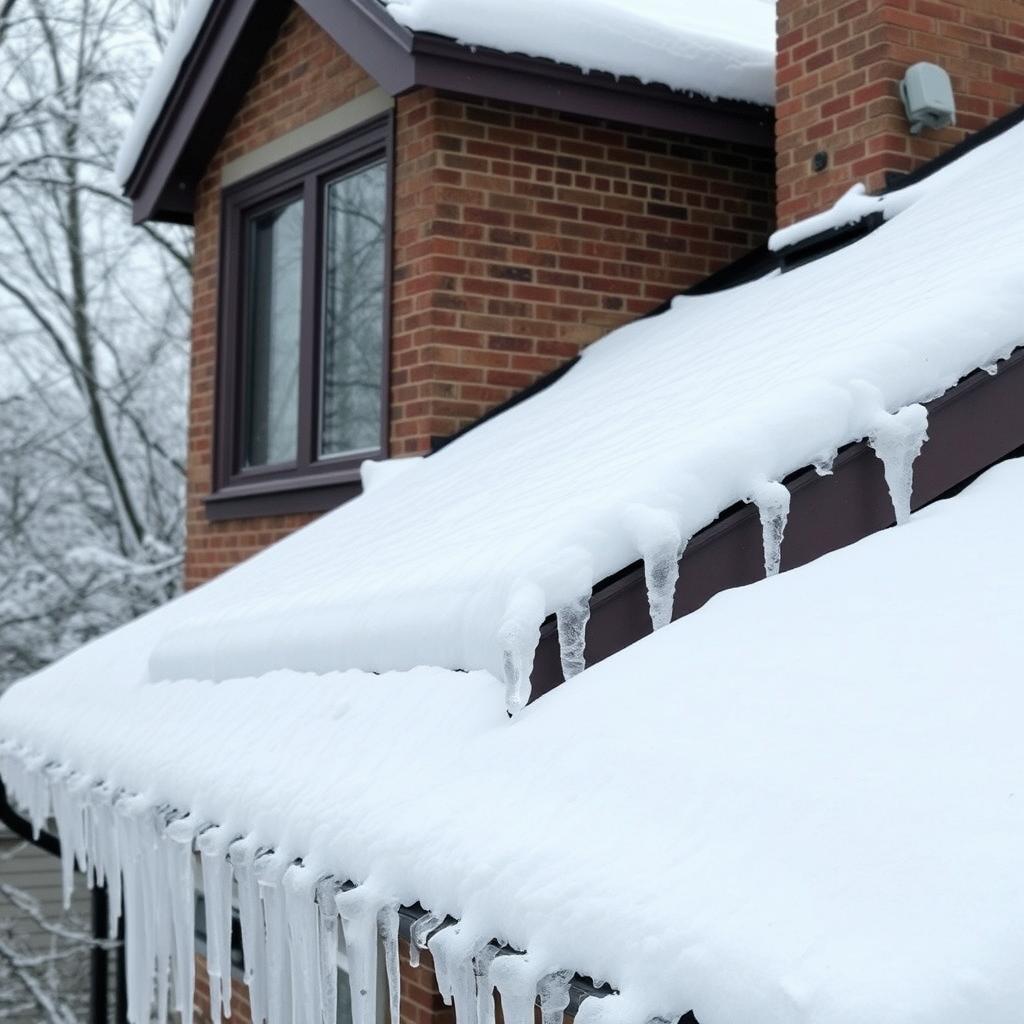 Chicago winter roofing showing snow and ice on roof Chicago winter roofing showing snow and ice on roof